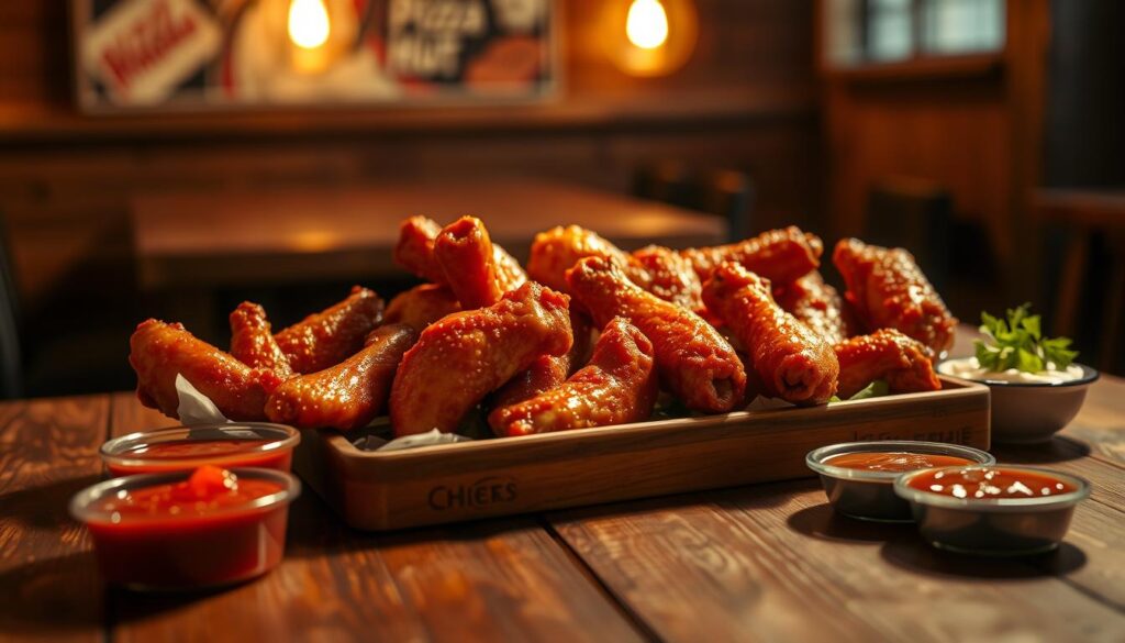 A beautifully lit, high-quality photograph of an assortment of delectable Pizza Hut wing specials, showcased in a rustic, inviting setting. The wings are presented on a wooden table, accompanied by various dipping sauces and garnishes, creating a mouthwatering display. The lighting is warm and soft, highlighting the glistening, crisp skin of the wings and the vibrant colors of the accoutrements. The composition is well-balanced, with the wings positioned prominently in the foreground, surrounded by a blurred background that suggests a cozy, casual ambiance. The overall atmosphere evokes a sense of indulgence and the promise of flavorful, limited-time wing offerings from Pizza Hut.