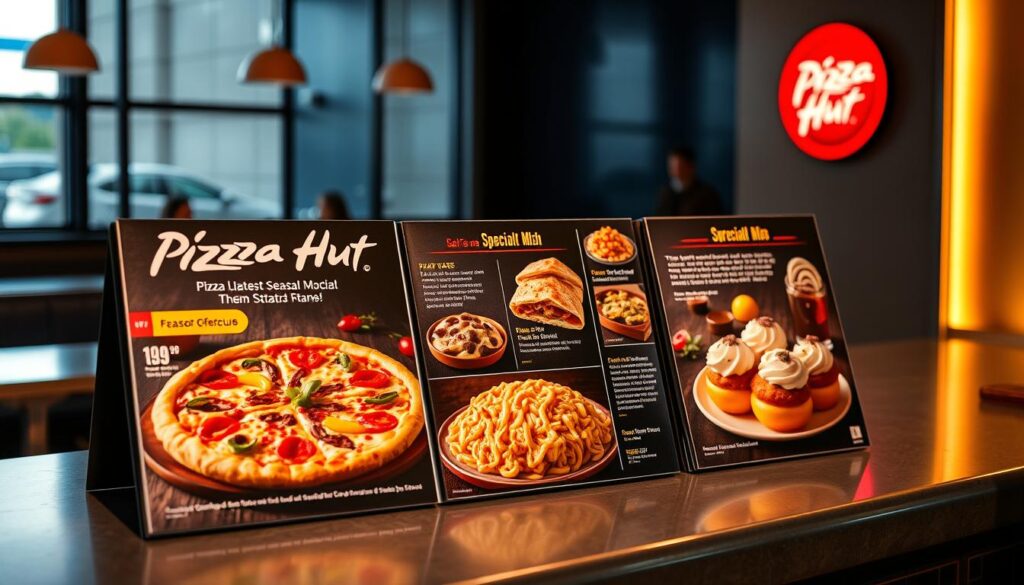 A beautifully lit, high-resolution image of the Pizza Hut menu specials displayed on a sleek, modern counter. The menu features vibrant, mouthwatering images of their latest seasonal offerings, including a delectable deep-dish pizza with colorful toppings, a tantalizing specialty pasta dish, and a selection of scrumptious desserts. The lighting is warm and inviting, casting a soft glow over the menu items, enticing the viewer to explore the variety of flavors and specialties available. The overall composition is balanced and visually appealing, showcasing the menu in a way that captures the essence of Pizza Hut's dining experience. A beautifully lit, high-resolution image of the Pizza Hut menu specials displayed on a sleek, modern counter. The menu features vibrant, mouthwatering images of their latest seasonal offerings, including a delectable deep-dish pizza with colorful toppings, a tantalizing specialty pasta dish, and a selection of scrumptious desserts. The lighting is warm and inviting, casting a soft glow over the menu items, enticing the viewer to explore the variety of flavors and specialties available. The overall composition is balanced and visually appealing, showcasing the menu in a way that captures the essence of Pizza Hut's dining experience.