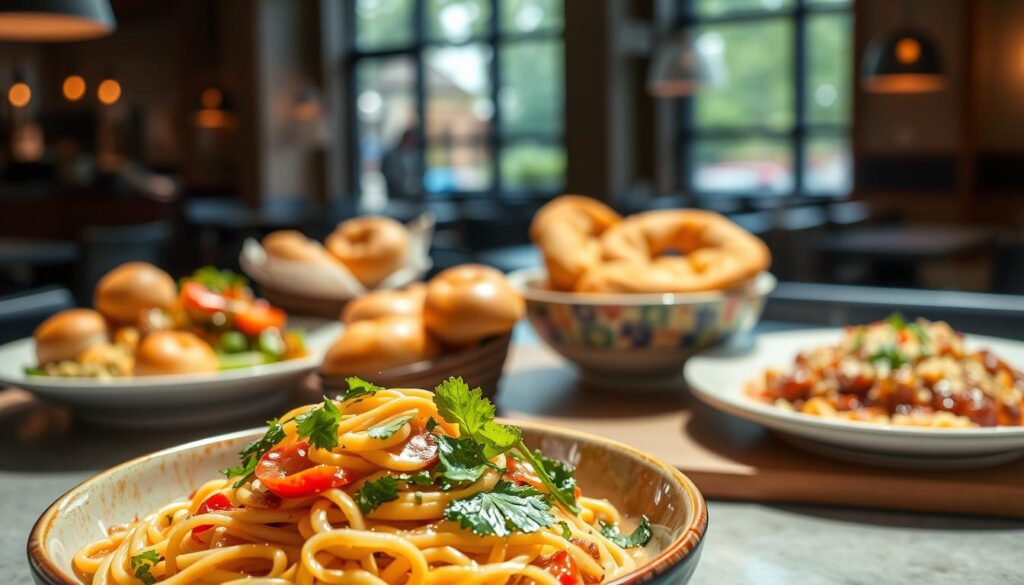 A beautifully lit, high-resolution photograph of a selection of new menu items from Noodles & Company. In the foreground, a bowl of steaming hot noodles with a variety of fresh vegetables, herbs, and a creamy sauce. Behind it, a plate showcasing a new signature dish, such as a colorful stir-fry or a hearty pasta bake, all plated with artistic flair. The middle ground features a variety of freshly baked bread rolls or garlic knots, complementing the main dishes. In the background, a glimpse of the restaurant's modern, inviting interior, with natural lighting filtering through large windows. The overall mood is one of mouthwatering anticipation, highlighting the quality and creativity of Noodles & Company's new culinary offerings. A beautifully lit, high-resolution photograph of a selection of new menu items from Noodles & Company. In the foreground, a bowl of steaming hot noodles with a variety of fresh vegetables, herbs, and a creamy sauce. Behind it, a plate showcasing a new signature dish, such as a colorful stir-fry or a hearty pasta bake, all plated with artistic flair. The middle ground features a variety of freshly baked bread rolls or garlic knots, complementing the main dishes. In the background, a glimpse of the restaurant's modern, inviting interior, with natural lighting filtering through large windows. The overall mood is one of mouthwatering anticipation, highlighting the quality and creativity of Noodles & Company's new culinary offerings.