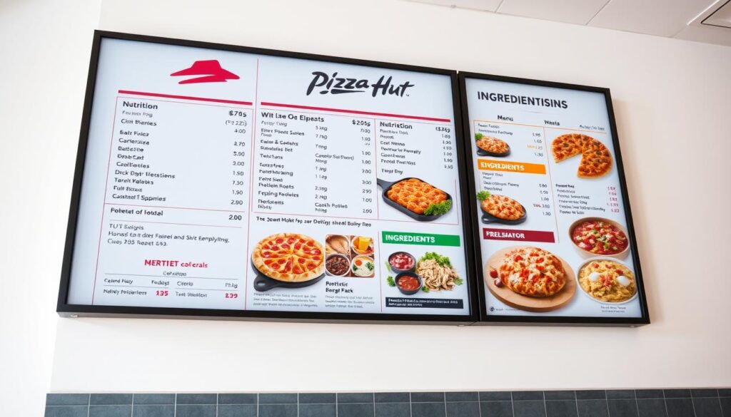A brightly lit, high-resolution image of a Pizza Hut menu board displayed in a clean, professional setting. The menu showcases the nutrition and ingredient information for various Pizza Hut menu items, presented in a clear and transparent manner. The layout is visually appealing, with bold typography, high-quality product photography, and a color palette that aligns with the Pizza Hut brand. The image conveys a sense of modern, health-conscious dining, with a focus on transparency and nutritional awareness. Lighting is natural and diffused, creating a soft, inviting atmosphere. The camera angle is slightly elevated, providing a comprehensive view of the menu board. A brightly lit, high-resolution image of a Pizza Hut menu board displayed in a clean, professional setting. The menu showcases the nutrition and ingredient information for various Pizza Hut menu items, presented in a clear and transparent manner. The layout is visually appealing, with bold typography, high-quality product photography, and a color palette that aligns with the Pizza Hut brand. The image conveys a sense of modern, health-conscious dining, with a focus on transparency and nutritional awareness. Lighting is natural and diffused, creating a soft, inviting atmosphere. The camera angle is slightly elevated, providing a comprehensive view of the menu board.