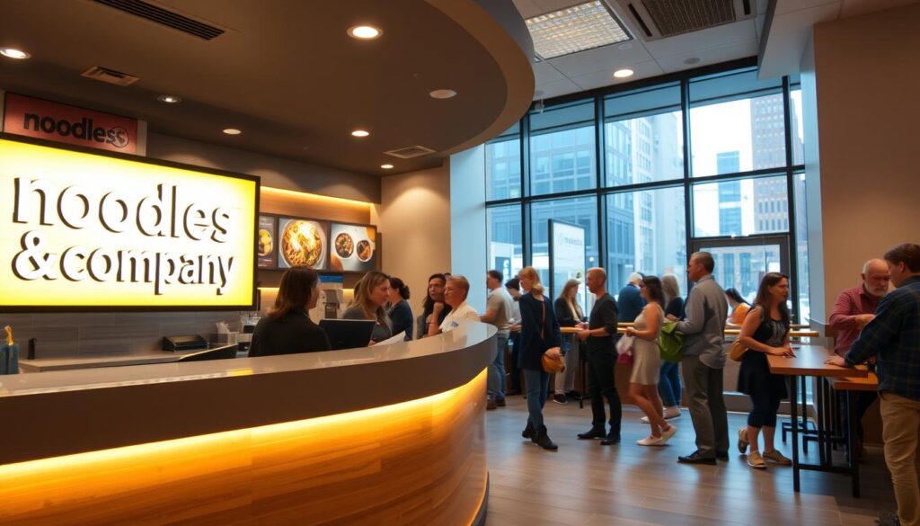 A bustling Noodles & Company restaurant interior, with a sleek and modern counter area in the foreground. The counter features a prominent "Quick Pickup" sign, illuminated by warm, inviting lighting. In the middle ground, customers are seen lining up to place their orders, their faces radiating a sense of anticipation and satisfaction. The background showcases the restaurant's clean, minimalist design, with large windows letting in natural light and offering a glimpse of the vibrant city outside. The overall atmosphere conveys the convenience and efficiency of the "Quick Pickup" experience, perfectly complementing the article's focus on the chain's menu and customer-centric approach.