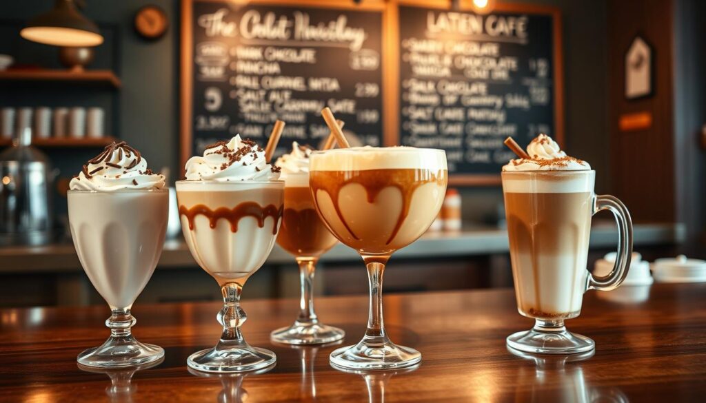 A cozy cafe setting, bathed in warm, soft lighting. On the counter, an array of decadent dessert-inspired beverages - a creamy white chocolate mocha, a rich caramel macchiato, and a frothy pumpkin spice latte, each topped with whipped cream, chocolate shavings, and cinnamon. The drinks are presented in elegant, stemmed glassware, casting inviting reflections on the polished wooden surfaces. In the background, a chalkboard menu showcases additional tempting options, like a dark chocolate cherry mocha and a salted caramel cold brew. The overall atmosphere is one of indulgence and comfort, perfect for savoring these delightful, dessert-style sips. A cozy cafe setting, bathed in warm, soft lighting. On the counter, an array of decadent dessert-inspired beverages - a creamy white chocolate mocha, a rich caramel macchiato, and a frothy pumpkin spice latte, each topped with whipped cream, chocolate shavings, and cinnamon. The drinks are presented in elegant, stemmed glassware, casting inviting reflections on the polished wooden surfaces. In the background, a chalkboard menu showcases additional tempting options, like a dark chocolate cherry mocha and a salted caramel cold brew. The overall atmosphere is one of indulgence and comfort, perfect for savoring these delightful, dessert-style sips.