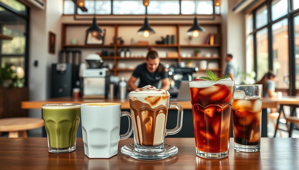 A cozy coffee shop interior with a modern, minimalist aesthetic. In the foreground, an array of enticing secret menu items, each with a unique and artful presentation - a vibrant matcha latte, a decadent mocha with intricate latte art, and a refreshing strawberry-infused cold brew. The middle ground features baristas skillfully crafting these custom beverages, their movements captured in a blur of activity. In the background, floor-to-ceiling windows allow natural light to flood the space, creating a warm and inviting atmosphere. The overall scene conveys a sense of premium quality, creativity, and a dedication to providing an exceptional coffee experience.