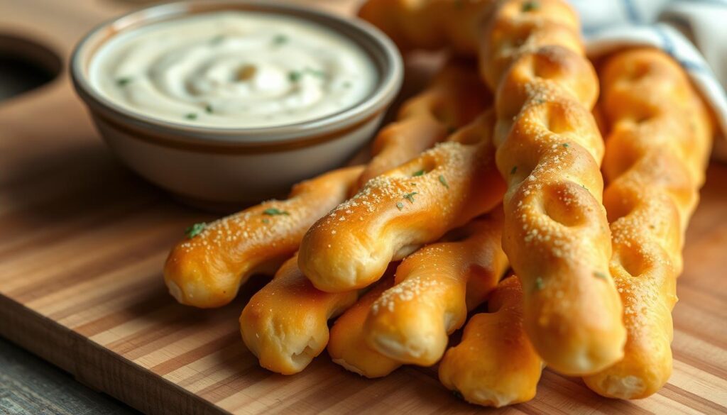 A delectable arrangement of golden-brown breadsticks, freshly baked and arranged artfully on a wooden surface, accompanied by a creamy, tantalizing dipping sauce in a small ceramic bowl. The breadsticks are lightly dusted with a sprinkling of herbs, their fluffy, pillowy texture inviting the viewer to imagine the satisfying crunch with each bite. The dipping sauce, a rich and savory blend, glistens under the warm, natural lighting, creating an appetizing and inviting atmosphere. The overall composition is carefully balanced, with the breadsticks and dipping sauce taking center stage, against a subtly blurred background that suggests a cozy, casual dining setting. The image conveys a sense of comfort, indulgence, and the perfect accompaniment to a satisfying pizza meal.