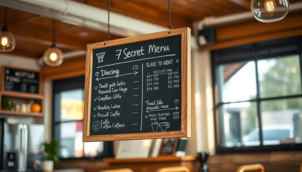 A high-quality chalkboard menu board floats in a warm, cozy coffee shop setting. The board displays the "7 Brew Secret Menu" offerings, with hand-drawn icons and detailed pricing information for each item. The lighting is soft and natural, casting a gentle glow on the scene. The background features a blurred view of the cafe's interior, hinting at the inviting atmosphere. The overall composition is balanced and visually appealing, drawing the viewer's attention to the menu details. A high-quality chalkboard menu board floats in a warm, cozy coffee shop setting. The board displays the "7 Brew Secret Menu" offerings, with hand-drawn icons and detailed pricing information for each item. The lighting is soft and natural, casting a gentle glow on the scene. The background features a blurred view of the cafe's interior, hinting at the inviting atmosphere. The overall composition is balanced and visually appealing, drawing the viewer's attention to the menu details.