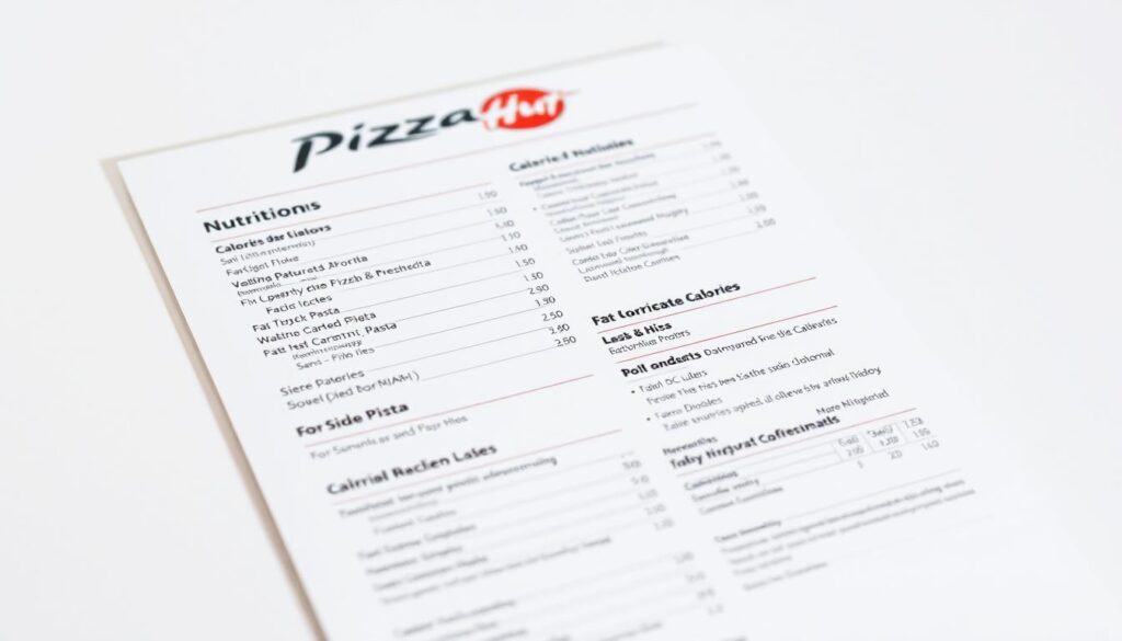 A high-quality nutritional guide for Pizza Hut menu items, displayed on a clean, white background. The guide shows detailed calorie, fat, carbohydrate, and protein information for a variety of pizza, pasta, and side dish options. The guide is presented in a sleek, modern design with clear, easy-to-read typography. The lighting is soft and even, highlighting the guide's legibility. The angle is straight-on, creating a sense of authority and professionalism. The overall mood is informative and helpful, providing health-conscious diners with the practical information they need to make better choices at Pizza Hut. A high-quality nutritional guide for Pizza Hut menu items, displayed on a clean, white background. The guide shows detailed calorie, fat, carbohydrate, and protein information for a variety of pizza, pasta, and side dish options. The guide is presented in a sleek, modern design with clear, easy-to-read typography. The lighting is soft and even, highlighting the guide's legibility. The angle is straight-on, creating a sense of authority and professionalism. The overall mood is informative and helpful, providing health-conscious diners with the practical information they need to make better choices at Pizza Hut.
