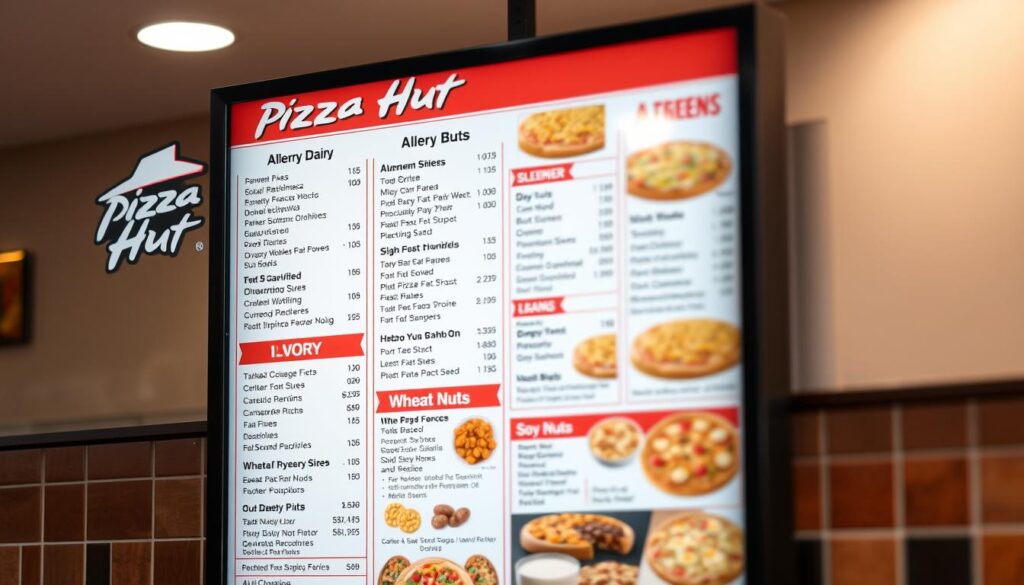 A high-resolution, detailed image of a Pizza Hut menu board against a softly blurred background, showcasing various menu items with clear labeling of common allergens like dairy, wheat, soy, and nuts. The menu is well-lit, with a warm, inviting color scheme that captures the essence of the Pizza Hut brand. The layout is clean and organized, making it easy to navigate and identify allergy-friendly choices. The overall scene conveys a sense of helpful transparency and customer-centric focus, aligning with the article's subject matter. A high-resolution, detailed image of a Pizza Hut menu board against a softly blurred background, showcasing various menu items with clear labeling of common allergens like dairy, wheat, soy, and nuts. The menu is well-lit, with a warm, inviting color scheme that captures the essence of the Pizza Hut brand. The layout is clean and organized, making it easy to navigate and identify allergy-friendly choices. The overall scene conveys a sense of helpful transparency and customer-centric focus, aligning with the article's subject matter.