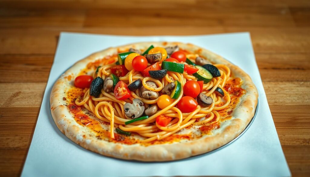A savory veggie pasta dish atop a thin-crust pizza base, framed within the iconic Pizza Hut logo. The pasta features vibrant tomatoes, zucchini, bell peppers, and mushrooms, arranged in an appetizing medley. The pizza base has a golden-brown crust, with a light dusting of herbs and spices. Soft lighting from above casts a warm, inviting glow, highlighting the textures and colors of the dish. The composition is balanced, with the pasta and pizza seamlessly integrated, creating a harmonious fusion of Italian flavors. The overall scene exudes a comforting, homemade atmosphere, perfect for a satisfying vegetarian-friendly meal.