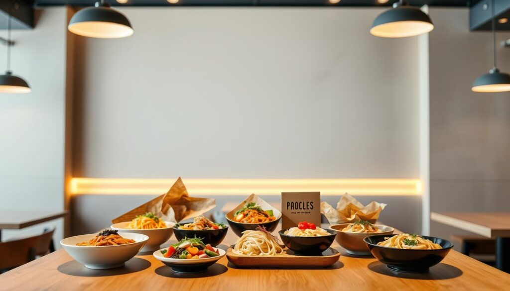 A sleek, modern restaurant setting with warm lighting and clean, minimalist design. In the foreground, a wooden table displays a selection of menu items - a variety of noodle dishes, including signature bowls and customizable build-your-own meals. The dishes are presented in an appetizing, visually striking manner, highlighting their ingredients and textures. In the middle ground, a neutral-toned wall acts as a backdrop, drawing the eye towards the menu items. The background is slightly blurred, creating a sense of focus on the central subject. The overall atmosphere is one of refined simplicity, inviting the viewer to closely examine and compare the menu options.