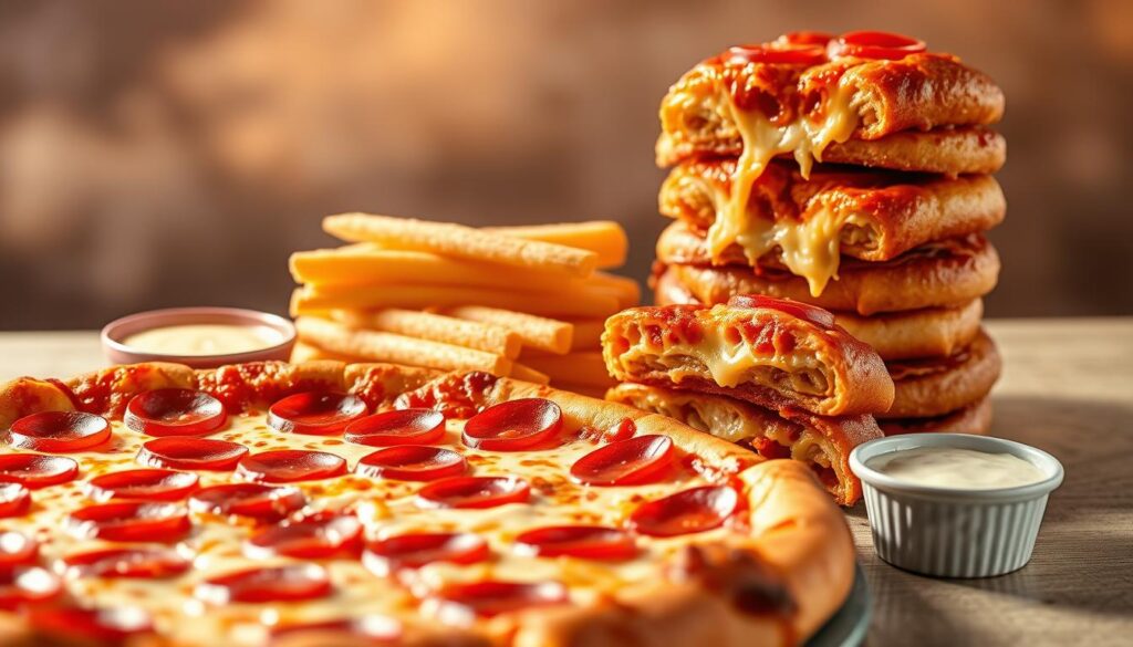 A tantalizing display of high-calorie Pizza Hut offerings, captured in a warm, appetizing light. In the foreground, a large, glistening pepperoni pizza with melted cheese oozing from the edges. Beside it, a stack of crispy, golden-brown breadsticks, accompanied by a creamy dipping sauce. In the middle ground, a towering order of cheesy, indulgent stuffed crust pizza, its cross-section revealing layers of dough, cheese, and pepperoni. The background is hazy, creating a soft focus that emphasizes the enticing textures and mouthwatering details of these calorie-dense delights. The overall scene evokes a temptation to indulge, inviting the viewer to explore the alluring world of Pizza Hut's high-calorie menu options. A tantalizing display of high-calorie Pizza Hut offerings, captured in a warm, appetizing light. In the foreground, a large, glistening pepperoni pizza with melted cheese oozing from the edges. Beside it, a stack of crispy, golden-brown breadsticks, accompanied by a creamy dipping sauce. In the middle ground, a towering order of cheesy, indulgent stuffed crust pizza, its cross-section revealing layers of dough, cheese, and pepperoni. The background is hazy, creating a soft focus that emphasizes the enticing textures and mouthwatering details of these calorie-dense delights. The overall scene evokes a temptation to indulge, inviting the viewer to explore the alluring world of Pizza Hut's high-calorie menu options.