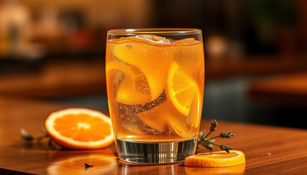 A vibrant, chilled glass filled with an effervescent, golden-hued beverage. The liquid swirls and dances with an abundance of delicate carbonation, reflecting a warm, ambient lighting that casts a soft, inviting glow. The glass is positioned on a sleek, wooden surface, accentuated by a scattering of fresh citrus slices and a sprig of aromatic herbs, hinting at the refreshing, non-caffeinated delight within. The scene evokes a sense of relaxation and indulgence, perfectly capturing the essence of the "Seven Fizz" non-caffeinated menu highlight. A vibrant, chilled glass filled with an effervescent, golden-hued beverage. The liquid swirls and dances with an abundance of delicate carbonation, reflecting a warm, ambient lighting that casts a soft, inviting glow. The glass is positioned on a sleek, wooden surface, accentuated by a scattering of fresh citrus slices and a sprig of aromatic herbs, hinting at the refreshing, non-caffeinated delight within. The scene evokes a sense of relaxation and indulgence, perfectly capturing the essence of the "Seven Fizz" non-caffeinated menu highlight.