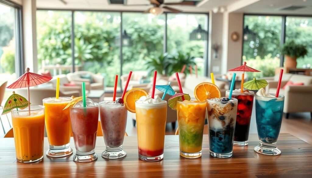 A vibrant, family-friendly café setting in Parma Heights, showcasing an array of kid-friendly beverages. In the foreground, an assortment of colorful, whimsical drinks adorned with playful toppings, umbrellas, and straws, arranged on a wooden tabletop. In the middle ground, cozy seating areas with plush, inviting armchairs and sofas, creating a warm, welcoming ambiance. The background features large windows overlooking a lush, verdant outdoor patio, allowing natural light to flood the space. The overall mood is bright, cheerful, and inclusive, capturing the essence of a family-oriented, pet-friendly establishment.