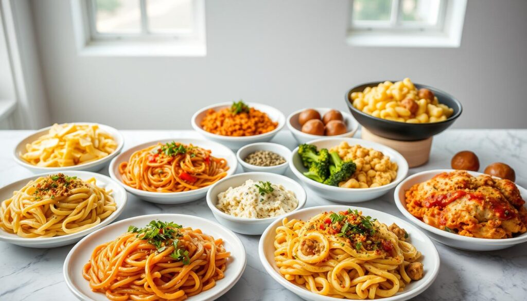 A vibrant, high-quality spread of noodle dishes and sides against a clean, modern backdrop. In the foreground, a selection of popular menu items such as penne rosa, Japanese pan noodles, and mac and cheese, each presented on white ceramic plates with carefully crafted garnishes. In the middle ground, complementary side dishes like garlic herb broccoli and house-made meatballs are arranged tastefully. The background features a softly blurred, minimalist setting with natural lighting from large windows, highlighting the fresh, homemade quality of the food. The overall composition conveys an inviting, appetizing atmosphere suitable for an article on the Noodles and Company menu.