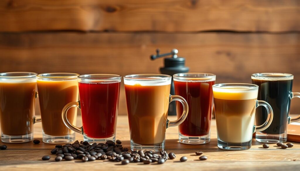 A vibrant still life showcasing seven distinct coffee brew menu flavors. The scene is set against a warm, rustic wooden backdrop, creating a cozy, inviting atmosphere. In the foreground, an assortment of coffee cups, each containing a different specialty brew, are carefully arranged. The cups feature a range of colors, from rich browns to vibrant reds and blues, reflecting the diverse flavor profiles. Soft, natural lighting illuminates the scene, casting gentle shadows and highlighting the delicate details of the drinks. In the middle ground, a few whole coffee beans and a small coffee grinder add a sense of authenticity, hinting at the craft and care that went into creating these beverages. The overall composition conveys a sense of artisanal elegance, inviting the viewer to imagine the flavorful and aromatic experience of each unique coffee offering.