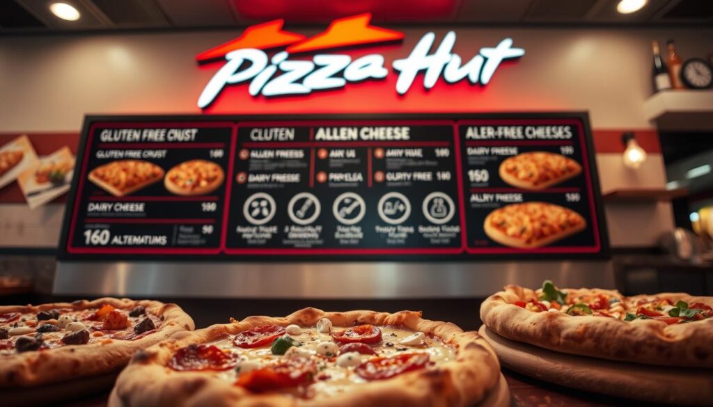 A visually appealing Pizza Hut menu board, showcasing a variety of allergen-friendly pizza options. The foreground features an array of mouthwatering pizzas, including a gluten-free crust, dairy-free cheese, and vegetable toppings. The middle ground displays clear icons and labels indicating the allergen-friendly nature of each item. In the background, a warm, inviting atmosphere with subtle lighting and a clean, modern restaurant interior sets the scene. The overall composition conveys a sense of accessibility, quality, and culinary expertise in accommodating various dietary needs. A visually appealing Pizza Hut menu board, showcasing a variety of allergen-friendly pizza options. The foreground features an array of mouthwatering pizzas, including a gluten-free crust, dairy-free cheese, and vegetable toppings. The middle ground displays clear icons and labels indicating the allergen-friendly nature of each item. In the background, a warm, inviting atmosphere with subtle lighting and a clean, modern restaurant interior sets the scene. The overall composition conveys a sense of accessibility, quality, and culinary expertise in accommodating various dietary needs.