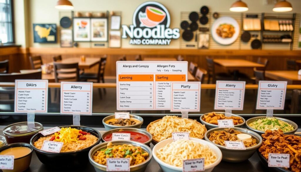 A visually appealing and informative image showcasing the allergen information for the menu items at Noodles and Company. In the foreground, a clean and organized display of various noodle dishes, sauces, and toppings, with clear labels indicating the presence of common allergens such as dairy, gluten, and nuts. The middle ground features a backdrop of a cozy, rustic-inspired Noodles and Company restaurant setting, with wooden tables and chairs, and warm lighting creating a welcoming atmosphere. The background provides context, depicting the Noodles and Company logo and branding elements, suggesting the authoritative and trustworthy nature of the allergen information. The overall composition is balanced, with a focus on clarity and legibility, making the image both visually appealing and informative for the article's readers.