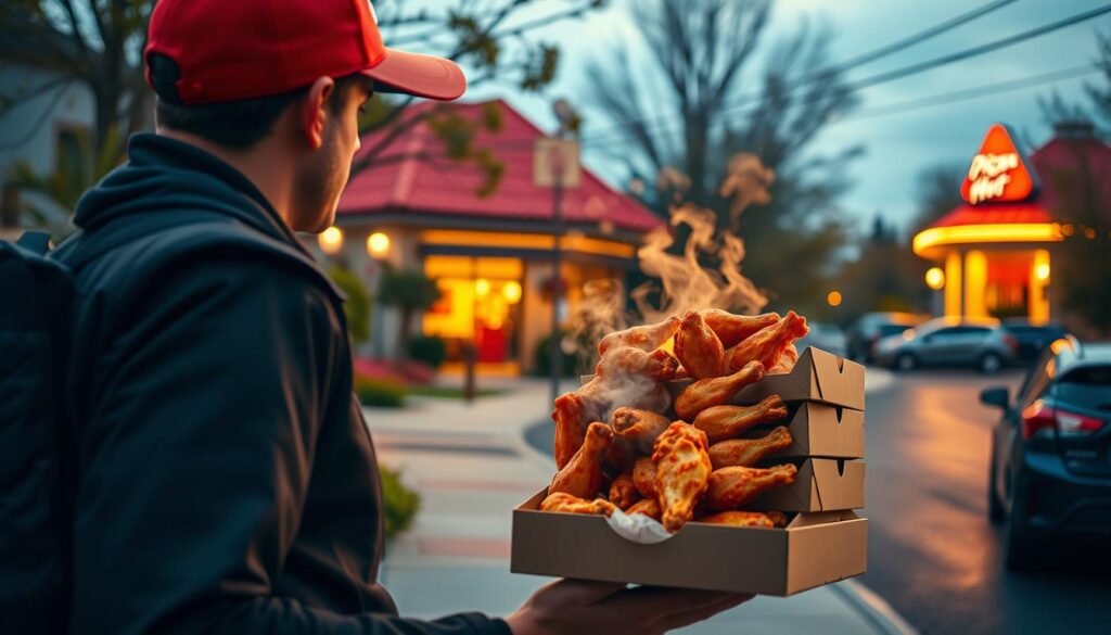 A warm, inviting scene of a Pizza Hut wing delivery. In the foreground, a delivery person carries a stack of pizza boxes, steam rising from the fresh wings packed inside. The middle ground features a cozy neighborhood street, with parked cars and lush greenery lining the sidewalks. In the background, the iconic Pizza Hut building stands, its red roof and warm lighting creating a welcoming ambiance. The lighting is soft and golden, casting a comforting glow over the entire scene. The angle is slightly tilted, adding a dynamic, eye-catching perspective. An atmosphere of anticipation and satisfaction pervades the image, reflecting the delicious, flavorful wings awaiting their hungry recipient.