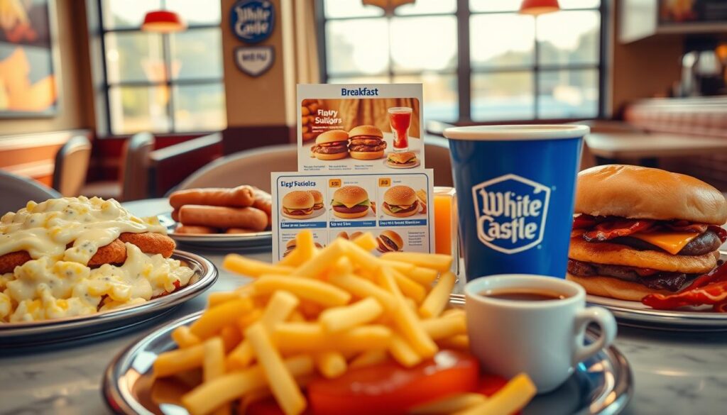 A beautifully arranged White Castle breakfast table featuring a variety of menu items such as fluffy scrambled eggs, savory sausage patties, crispy bacon, and deliciously warm sliders with cheese. The foreground displays a close-up of a glossy tray filled with golden hash browns and perfectly brewed coffee in a classic White Castle cup. In the middle, a menu card showcases the breakfast options, adorned with appetizing images of each item. The background features a cozy diner setting with soft, natural lighting coming through large windows, creating an inviting atmosphere. The overall mood is warm and cheerful, emphasizing the excitement and satisfaction of enjoying a hearty breakfast at White Castle. A beautifully arranged White Castle breakfast table featuring a variety of menu items such as fluffy scrambled eggs, savory sausage patties, crispy bacon, and deliciously warm sliders with cheese. The foreground displays a close-up of a glossy tray filled with golden hash browns and perfectly brewed coffee in a classic White Castle cup. In the middle, a menu card showcases the breakfast options, adorned with appetizing images of each item. The background features a cozy diner setting with soft, natural lighting coming through large windows, creating an inviting atmosphere. The overall mood is warm and cheerful, emphasizing the excitement and satisfaction of enjoying a hearty breakfast at White Castle.
