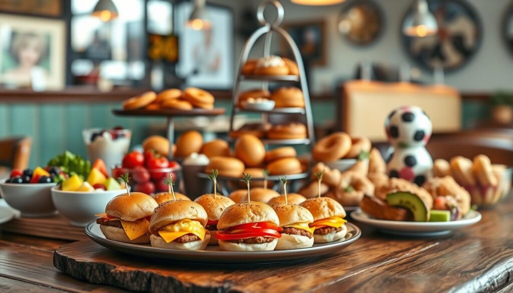 A beautifully arranged breakfast catering menu set on a rustic wooden table, showcasing an array of enticing breakfast items. In the foreground, a platter features mini sliders filled with scrambled eggs, cheese, and sausage, surrounded by vibrant bowls of fresh fruit and yogurt parfaits. In the middle, a tastefully designed multi-tiered stand displays an assortment of pastries, muffins, and bagels, artfully garnished with delicate herbs. The background features a softly blurred classic diner-style setting with warm, inviting lighting accentuating the delicious food. The atmosphere conveys a sense of celebration and comfort, perfect for group orders. Capture the scene from a slightly elevated angle to highlight the abundance and variety, using soft, natural lighting to enhance appetizing colors and textures, creating a welcoming and delightful mood. A beautifully arranged breakfast catering menu set on a rustic wooden table, showcasing an array of enticing breakfast items. In the foreground, a platter features mini sliders filled with scrambled eggs, cheese, and sausage, surrounded by vibrant bowls of fresh fruit and yogurt parfaits. In the middle, a tastefully designed multi-tiered stand displays an assortment of pastries, muffins, and bagels, artfully garnished with delicate herbs. The background features a softly blurred classic diner-style setting with warm, inviting lighting accentuating the delicious food. The atmosphere conveys a sense of celebration and comfort, perfect for group orders. Capture the scene from a slightly elevated angle to highlight the abundance and variety, using soft, natural lighting to enhance appetizing colors and textures, creating a welcoming and delightful mood.