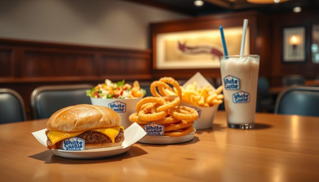 A beautifully arranged table showcasing an array of White Castle combo meals and sides, highlighting the calorie content of each item. In the foreground, a classic White Castle slider with melted cheese, crispy onion rings, and a side of fries, each labeled with their respective calorie counts in an elegant design. The middle ground features a vibrant side salad and a delicious milkshake, with calories displayed artistically. In the background, a softly lit restaurant setting with wooden accents and warm lighting, creating an inviting atmosphere. The angle captures the table at a slight tilt, providing depth and dimension to the scene, evoking a sense of casual dining. A warm, cheerful mood envelops the composition, emphasizing the enjoyment of White Castle meals.