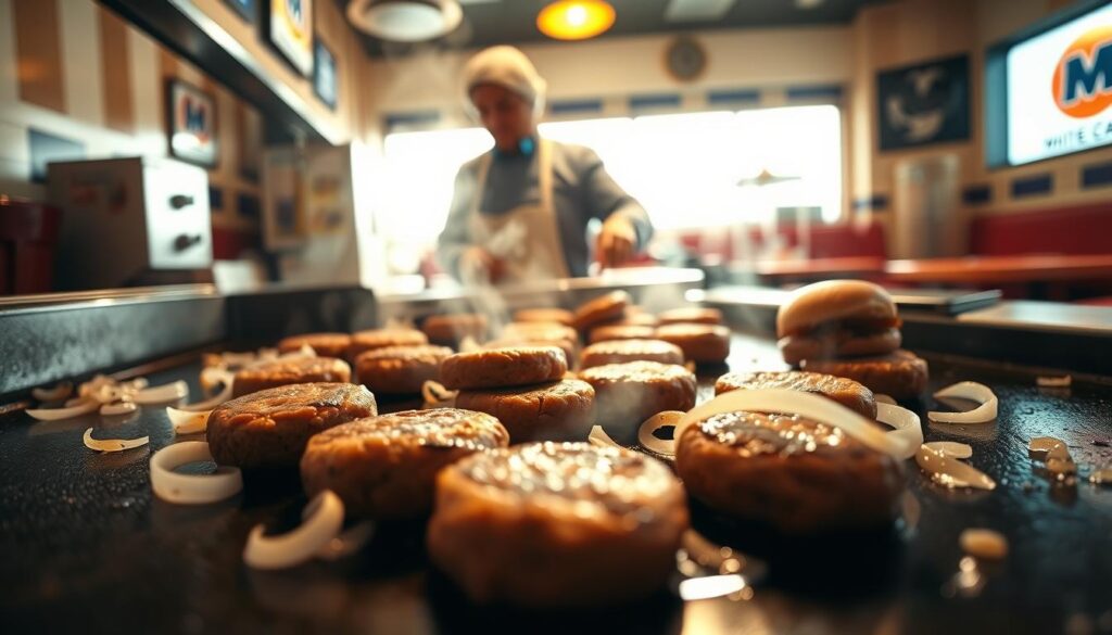 A close-up shot capturing the meticulous preparation of White Castle sliders. In the foreground, focus on a sizzling griddle where small, perfectly shaped beef patties are being steamed, their juices glistening. Surrounding the burgers, vibrant white onions are gently caramelizing, releasing flavorful steam. In the middle ground, emphasize a chef in a white apron and a hairnet, expertly flipping the sliders with precision, showcasing a moment of culinary craft. The background features the warm glow of retro-style diner decor, enhancing the nostalgic dessert ambiance. The lighting is soft and inviting, with diffused sunlight streaming through a window, casting gentle shadows over the scene. Aim for a lively yet cozy atmosphere that highlights the signature cooking method of White Castle sliders.