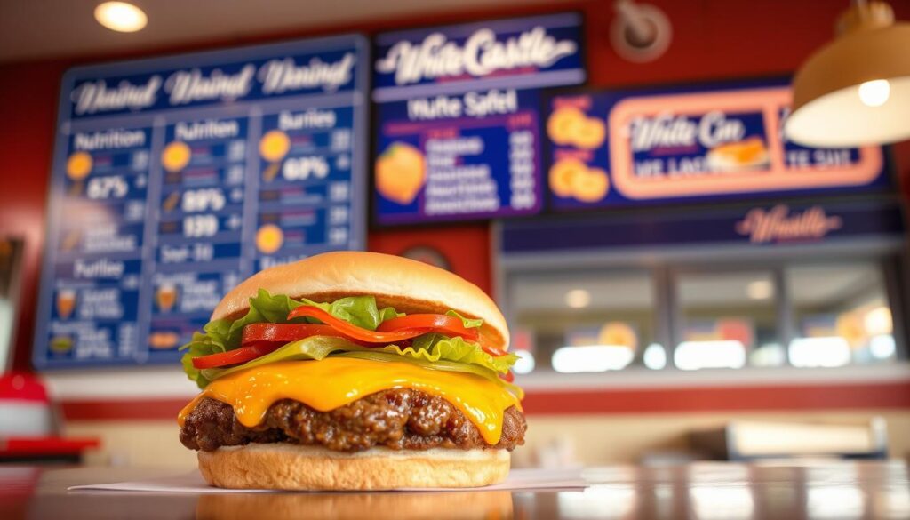 A close-up shot of a White Castle burger with all its textures and colors vividly displayed, focusing on the juicy patty, melted cheese, and fresh toppings. In the background, a well-organized White Castle menu board featuring nutritional icons and food safety notes elegantly displayed. The scene is set in a bright, inviting diner with soft, warm lighting that adds an appetizing glow to the food. Use a shallow depth of field to keep the burger in sharp focus while softly blurring the menu board, creating a sense of depth. Capture a cozy, welcoming atmosphere that draws the viewer in, showcasing a healthy balance between indulgence and nutrition.