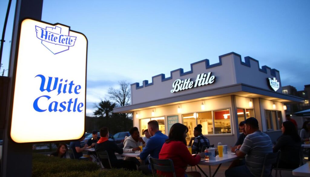 A cozy, welcoming White Castle restaurant during twilight hours. In the foreground, a brightly lit White Castle sign glows against a backdrop of a soft blue sky, hinting at early evening. The middle ground features a classic White Castle building with its signature white and blue colors, warmly lit to invite diners. Patrons of diverse backgrounds enjoy their meals at outdoor tables, dressed in casual, modest attire, suggesting inclusivity and comfort. The background shows a faint outline of city buildings, subtly illuminated, creating a charming urban vibe. The scene is bathed in gentle, warm lighting, evoking a friendly and relaxed atmosphere. Capture the essence of late-night dining, with a focus on the inviting nature of the restaurant. A cozy, welcoming White Castle restaurant during twilight hours. In the foreground, a brightly lit White Castle sign glows against a backdrop of a soft blue sky, hinting at early evening. The middle ground features a classic White Castle building with its signature white and blue colors, warmly lit to invite diners. Patrons of diverse backgrounds enjoy their meals at outdoor tables, dressed in casual, modest attire, suggesting inclusivity and comfort. The background shows a faint outline of city buildings, subtly illuminated, creating a charming urban vibe. The scene is bathed in gentle, warm lighting, evoking a friendly and relaxed atmosphere. Capture the essence of late-night dining, with a focus on the inviting nature of the restaurant.