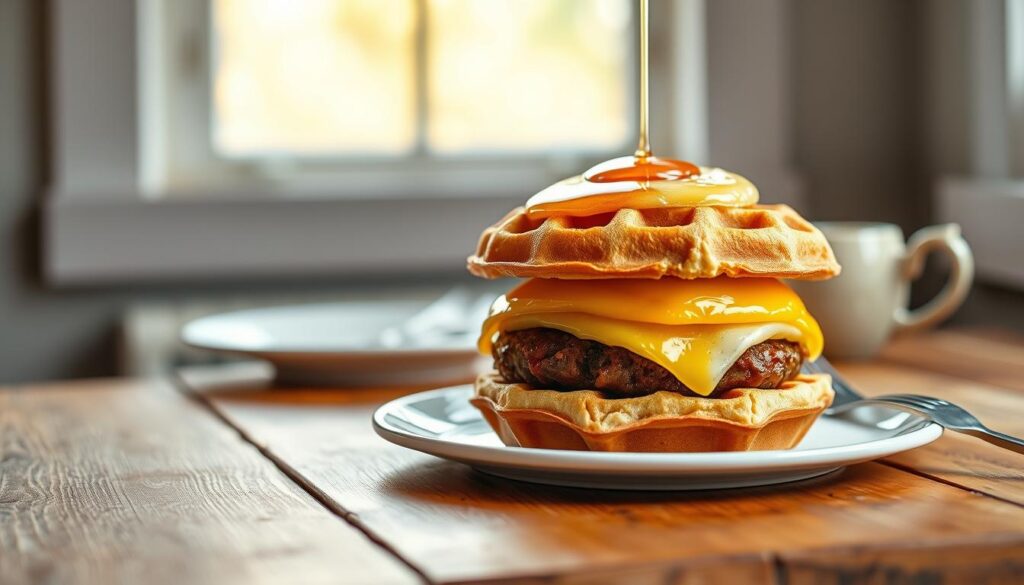 A delicious breakfast waffle slider sits prominently on a rustic wooden table, perfectly captured in a close-up view. The slider features a fluffy waffle layered with a savory sausage patty, a slice of melted cheese, and a perfectly cooked egg. Golden syrup glistens atop the slider, casting warm reflections. In the background, a soft morning light filters through a nearby window, creating a cozy and inviting atmosphere, with subtle bokeh effects enhancing the depth. The scene conveys a wholesome and comforting morning vibe, perfect for a breakfast delight. A simple plate and fork are subtly positioned alongside, emphasizing the focus on the mouthwatering slider. A delicious breakfast waffle slider sits prominently on a rustic wooden table, perfectly captured in a close-up view. The slider features a fluffy waffle layered with a savory sausage patty, a slice of melted cheese, and a perfectly cooked egg. Golden syrup glistens atop the slider, casting warm reflections. In the background, a soft morning light filters through a nearby window, creating a cozy and inviting atmosphere, with subtle bokeh effects enhancing the depth. The scene conveys a wholesome and comforting morning vibe, perfect for a breakfast delight. A simple plate and fork are subtly positioned alongside, emphasizing the focus on the mouthwatering slider.