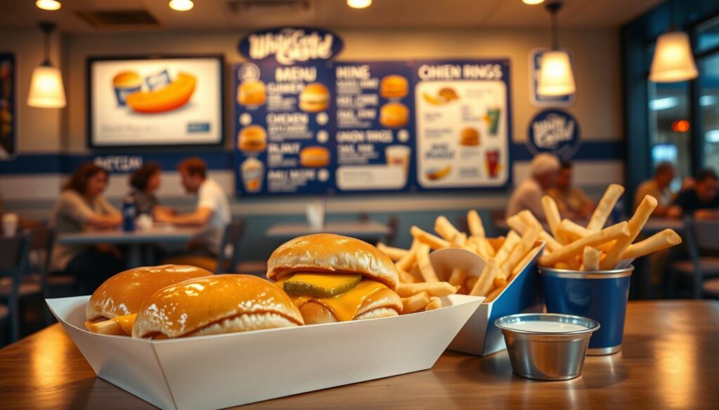 A vibrant and appetizing display of a White Castle menu. In the foreground, showcase a collection of iconic White Castle sliders, glistening with melted cheese and fresh pickles, nestled in a classic white cardboard tray. Include a side of crispy French fries, perfectly golden-brown, alongside a small cup of dipping sauce. In the middle, capture an elegantly arranged menu board featuring various options like chicken rings, onion rings, and drink selections, all designed with clean, bold graphics. In the background, a soft-focus view of a bustling White Castle diner, with patrons enjoying their meals, bathed in warm lighting that enhances the feeling of comfort and nostalgia. The scene evokes an inviting and casual atmosphere, highlighting the taste, texture, and value of White Castle offerings. A vibrant and appetizing display of a White Castle menu. In the foreground, showcase a collection of iconic White Castle sliders, glistening with melted cheese and fresh pickles, nestled in a classic white cardboard tray. Include a side of crispy French fries, perfectly golden-brown, alongside a small cup of dipping sauce. In the middle, capture an elegantly arranged menu board featuring various options like chicken rings, onion rings, and drink selections, all designed with clean, bold graphics. In the background, a soft-focus view of a bustling White Castle diner, with patrons enjoying their meals, bathed in warm lighting that enhances the feeling of comfort and nostalgia. The scene evokes an inviting and casual atmosphere, highlighting the taste, texture, and value of White Castle offerings.