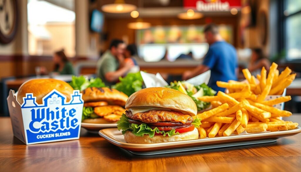 A vibrant and well-organized display of various White Castle menu items arranged neatly on a wooden table. In the foreground, focus on a classic slider and a side of crispy fries, both artfully plated to highlight their textures and colors. In the middle ground, include an assortment of healthier options such as a grilled chicken slider and a fresh garden salad, showcasing a contrast between traditional and lighter fare. The background should feature a soft-focus view of a cozy fast-food restaurant interior with warm lighting, inviting ambiance, and friendly patrons enjoying their meals. The mood is upbeat and casual, encouraging healthier ordering strategies while still celebrating the iconic menu. Utilize natural lighting to create an appetizing look, capturing the freshness and appeal of each item, shot from a slightly elevated angle to encompass all elements harmoniously.