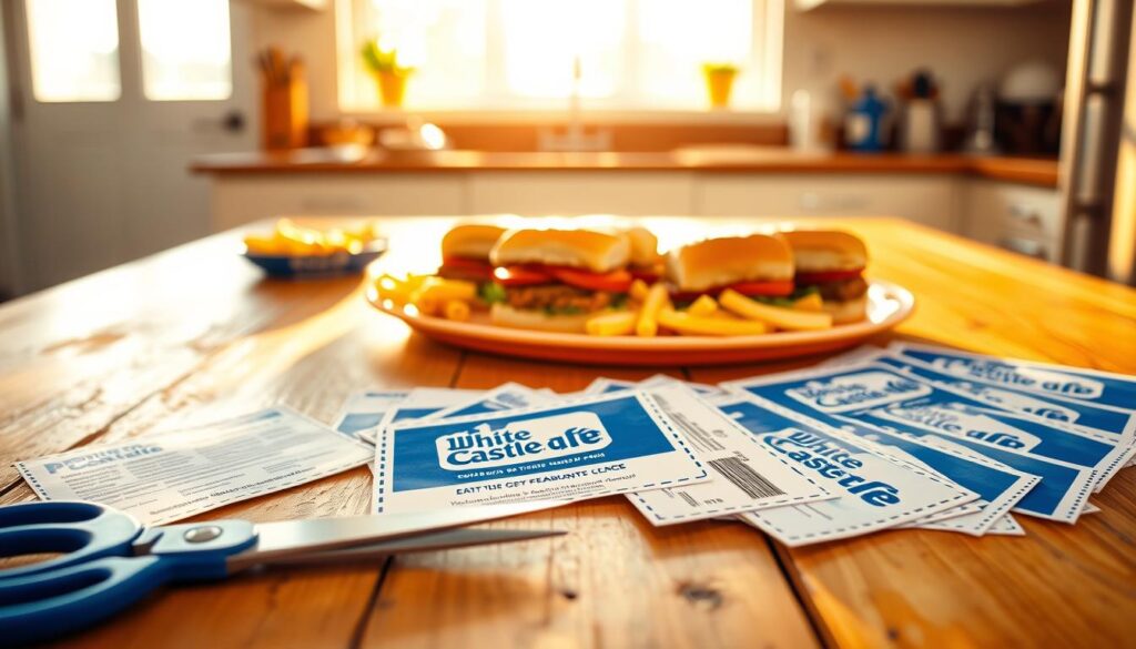 A vibrant image featuring a collection of printed White Castle coupons spread out on a rustic wooden table in a bright, inviting kitchen setting. In the foreground, a pair of scissors sits next to the coupons, suggesting they're ready to be cut out for savings. The middle section includes a delicious spread of White Castle sliders and sides arranged attractively on a bright plate, with a golden hue from soft afternoon sunlight illuminating the scene. The background features an open window with light filtering in, casting gentle shadows and creating a warm atmosphere. The overall mood should convey excitement and anticipation, highlighting the joy of saving money while indulging in tasty fast food. Focus on details like the texture of the paper coupons and the freshness of the food items, ensuring the composition remains clear and engaging without any text or watermarks. A vibrant image featuring a collection of printed White Castle coupons spread out on a rustic wooden table in a bright, inviting kitchen setting. In the foreground, a pair of scissors sits next to the coupons, suggesting they're ready to be cut out for savings. The middle section includes a delicious spread of White Castle sliders and sides arranged attractively on a bright plate, with a golden hue from soft afternoon sunlight illuminating the scene. The background features an open window with light filtering in, casting gentle shadows and creating a warm atmosphere. The overall mood should convey excitement and anticipation, highlighting the joy of saving money while indulging in tasty fast food. Focus on details like the texture of the paper coupons and the freshness of the food items, ensuring the composition remains clear and engaging without any text or watermarks.